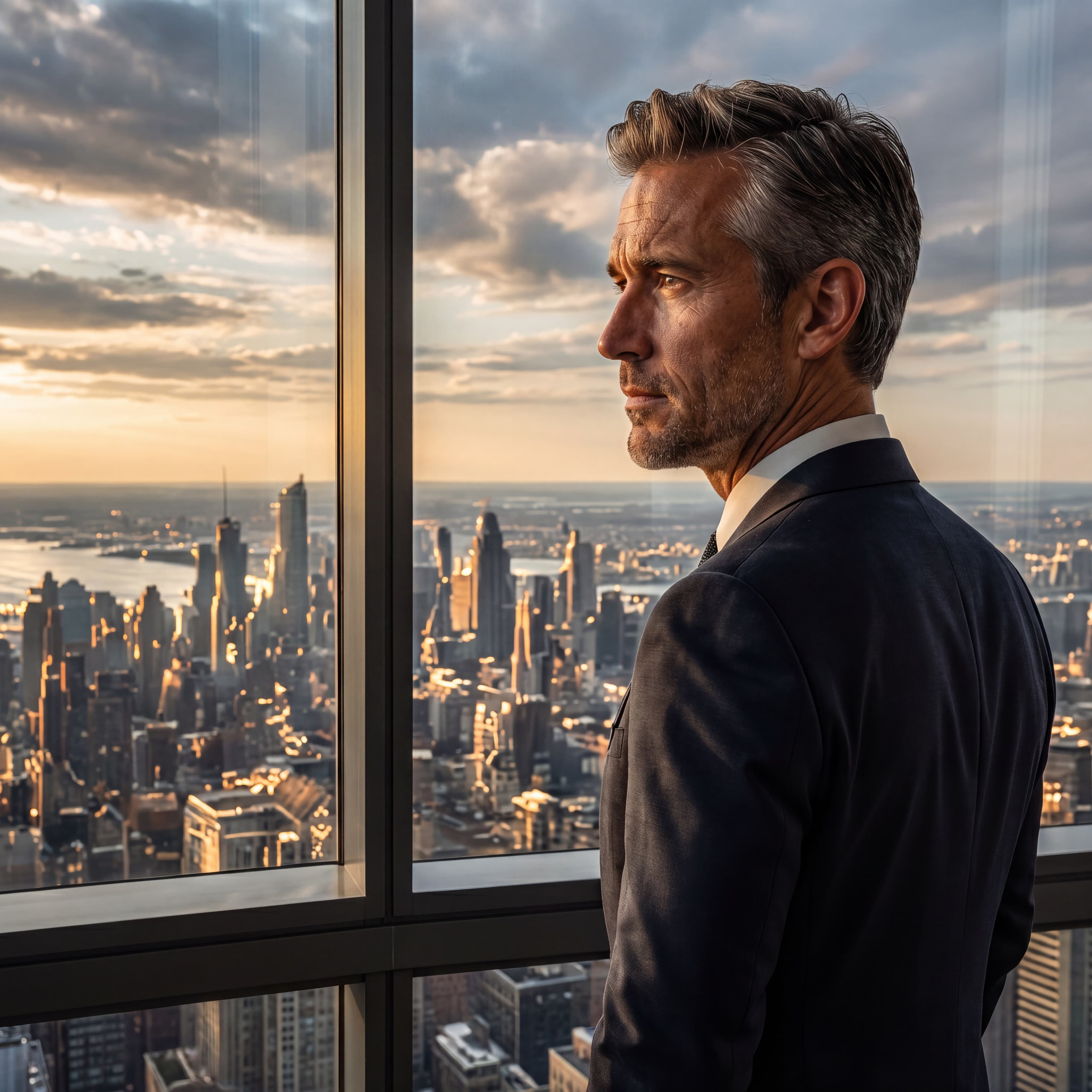 A business owner looking out a high-rise window over the city