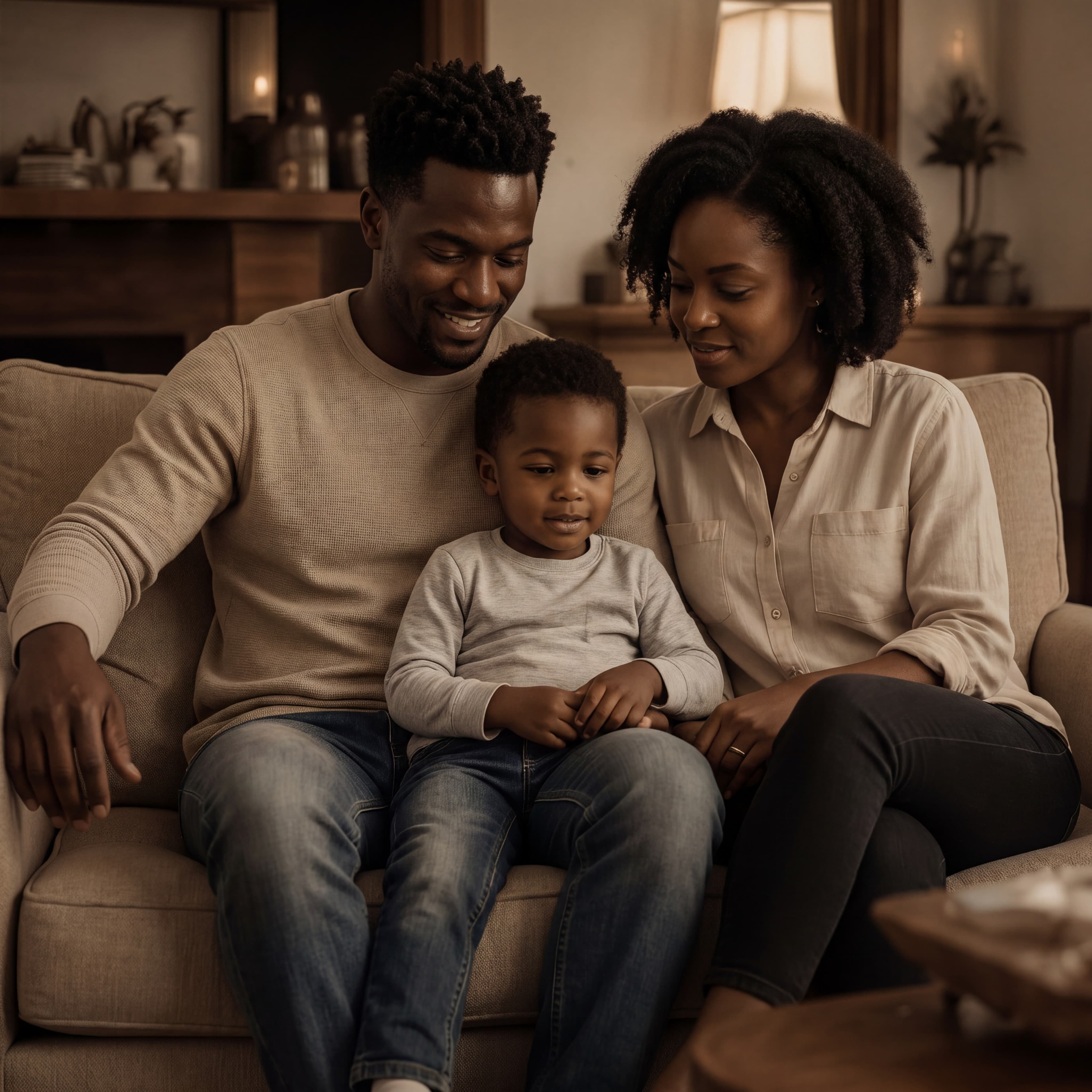 A family together on the couch at home in warm evening light