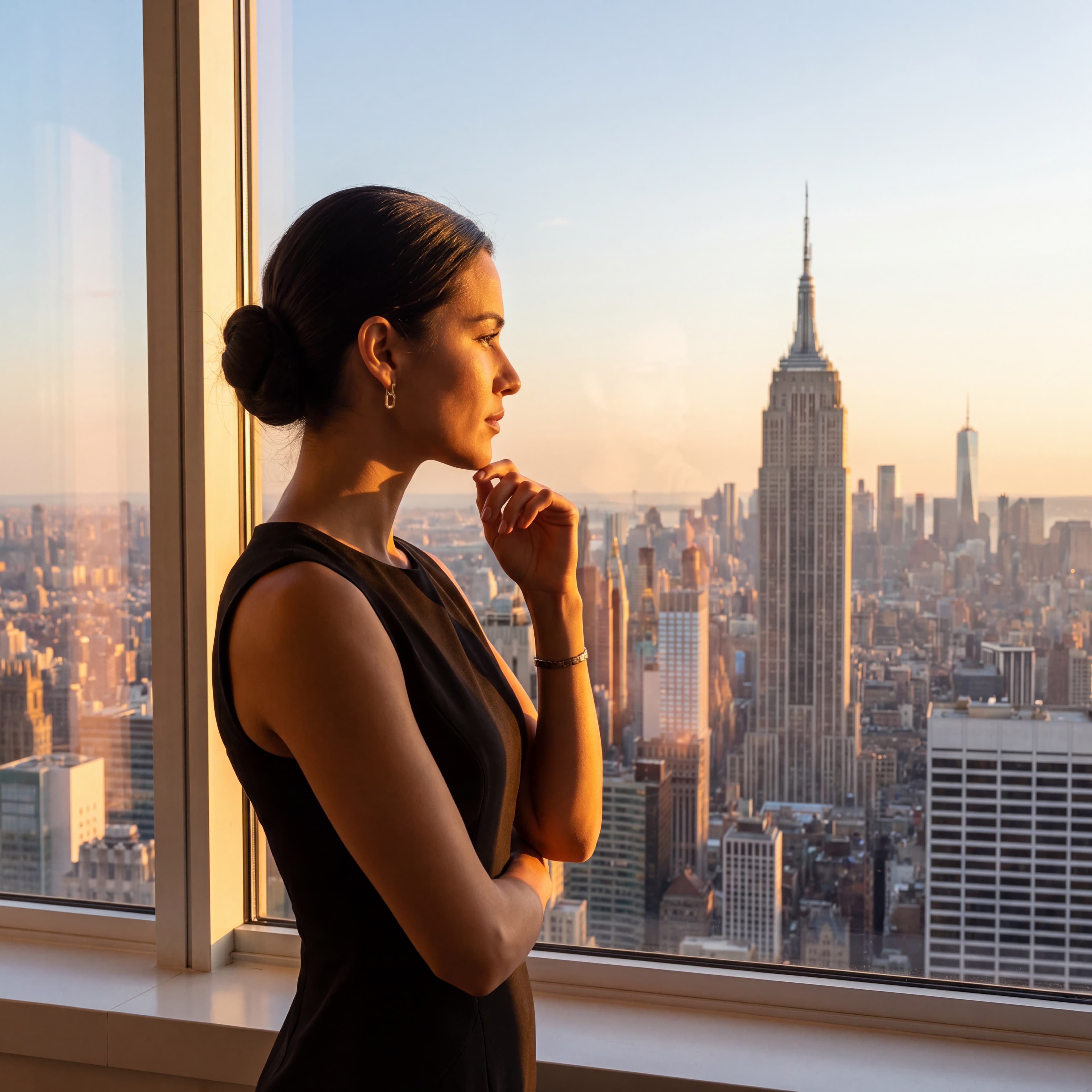 A woman looking out over the city skyline at golden hour